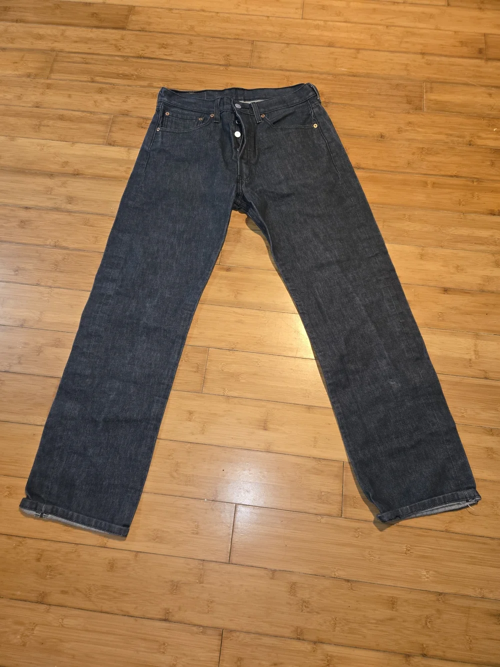 Levis 501 Jeans Mens 32x32 Black Charcoal Wash Button Fly Straight Leg Stretch